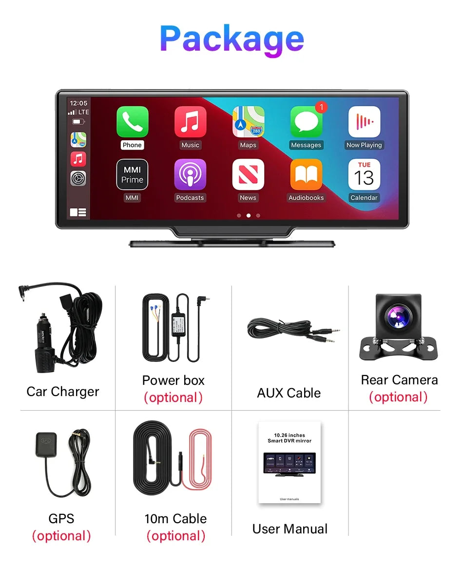 10.26' Οθόνη Αφής 4K Android-IOS & Carplay με Κάμερα Οπισθοπορείας, GPS Πλοήγηση, Φωνητικό Έλεγχο Αυτοκινήτου και Bluetooth